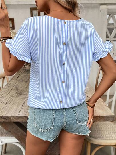 SHEIN Holidaya Blouses For Women Spring/Summer New Arrival Women's Blue And White Striped Round Neck Top, Loose Fit, Ruffle Short Sleeve, Lightweight And Breathable Blouse With Back Button Detail