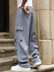 Manfinity Homme Quần cargo ống rộng xếp ly, màu trơn, cạp chun dành cho nam cỡ lớn. - Xám - Xem 2