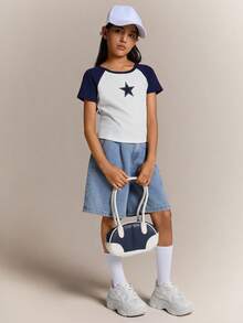 Radiana Tween Girls' Casual Simple Comfy Patchwork Contrast Star Print Round Neck T-Shirt - Blue - View 3