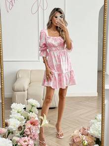 Easowa Square Neck Puff Sleeve Ruffle Hem A-Line Dress, Floral Print Casual Loose Elegant Commuter Vacation Dress For Women, Spring/Summer Pink Floral Dress Women Pink Flower Dress Cottagecore Dress - Multicolor - View 3