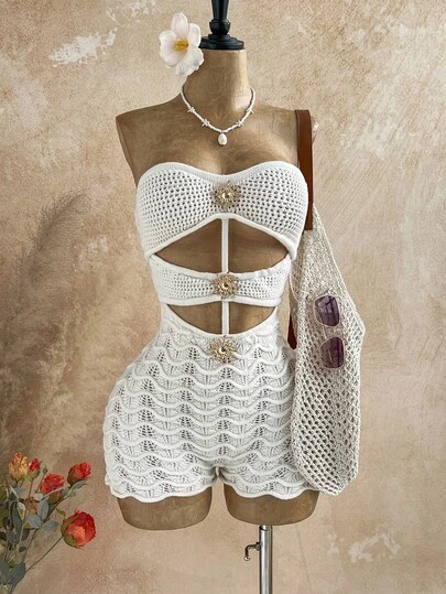 Soleia Women's Romantic Sexy Strapless Hollow-Out Metallic Patchwork Backless Romper, Suitable For Dates, Afternoon Tea, Music Festivals, Boho, Beach Vacations, Summer Knitted Bathing Suit Valentine's Day Sexy Outfit Ideas,Mardy Gras Music Festival Outfit, Casual Vacation Outfit