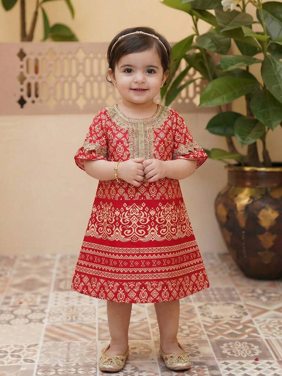 Sparklyn Baby Girl Summer New Style Short Sleeve Polka Dot Casual Red Dress Dress Baby Girl Baby Girl Traditional Dress - Red - View 1