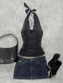 Glimmora Women's Polka Dot Print Halter Neck Camisole - Black - View 1