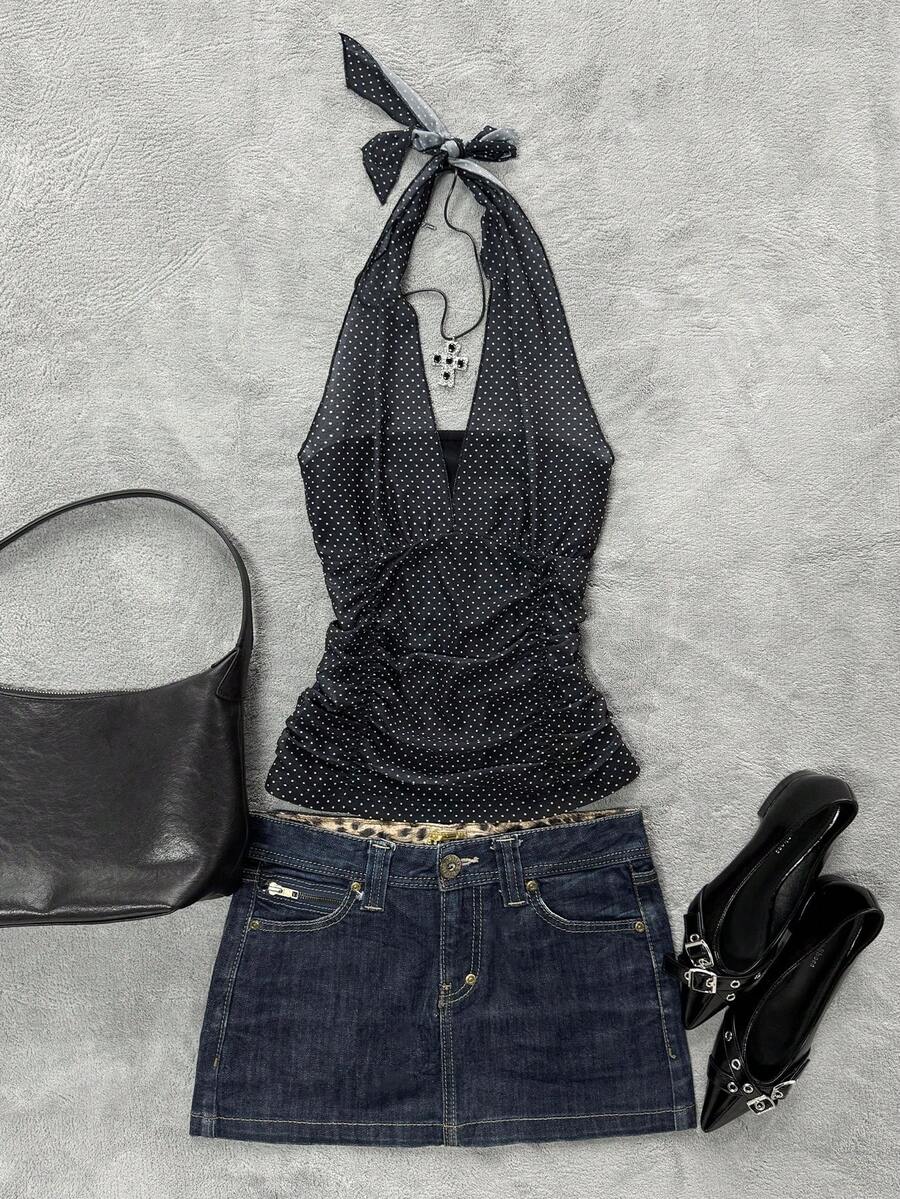 Glimmora Women's Polka Dot Print Halter Neck Camisole - Black - View 1