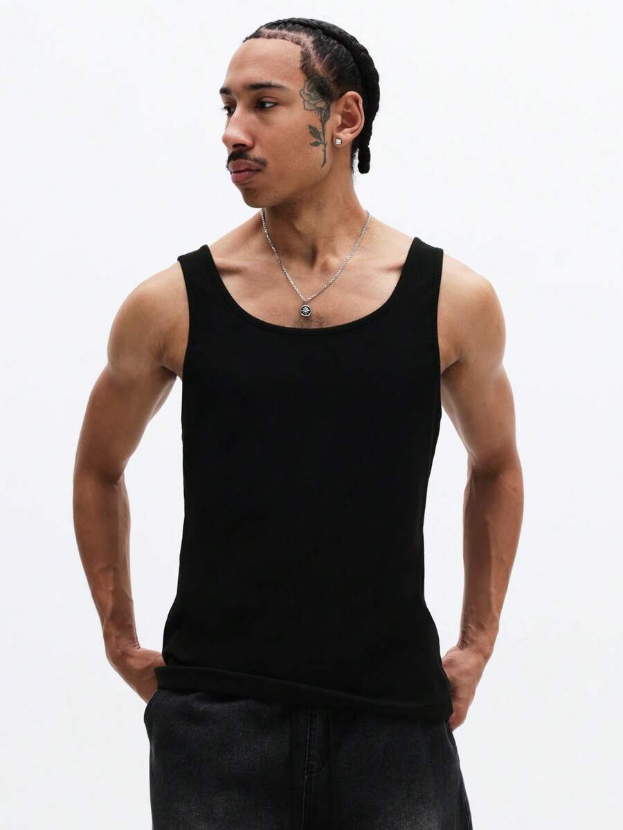 SUMWON 经典无袖圆领背心，舒适合身，休闲日常必备，纯色百搭单品。 - 黑色 - 查看 1