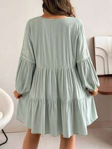 Ceyna 大码女装春夏法式浪漫西西里风优雅休闲通勤波西米亚度假下午茶V领叠层下摆宽松落肩长袖弹力袖口短款连衣裙 - 薄荷綠 - 查看 2