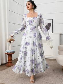 Modelyn 大码女式印花喇叭袖荷叶边下摆优雅连衣裙 - 淡紫色 - 查看 7