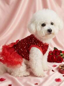 PETSIN 1 pieza Vestido de princesa con lentejuelas y malla para mascotas para el Día de San Valentín - Rojo - Ver 3
