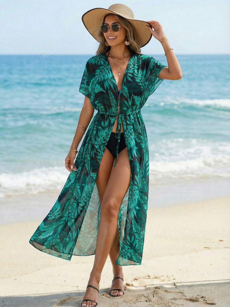 Swim Vcay Summer Beach Tropical Print Drawstring Waist Kimono