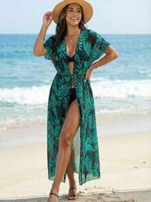 Swim Vcay Summer Beach Tropical Print Drawstring Waist Kimono