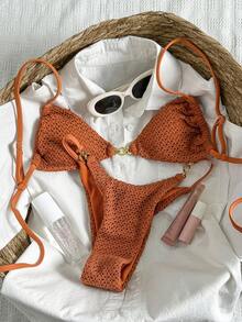 Swim Mod Damen Jacquard Stoff Spaghetti-Träger Bikini Set mit Metall Dekor, Frühling/Sommer - Braun - Übersicht 1