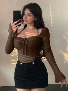 DAZY 女士纹理绒毛系带领口抽绳喇叭袖粉色长袖上衣，秋冬Y2K风格 - 棕色 - 查看 2