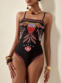 Vesra Women's Tropical Floral Print Bandeau Bikini Set, Elegant Minimalist Sexy Two Pieces Swimsuit For Beach Party And Vacation - Black - View 5