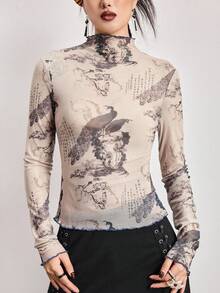 ROMWE Avant Slim Fit Women's Top With Peacock Print And Mesh Fabric, Modern Chinese Style
