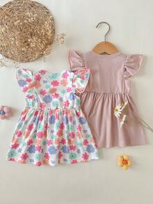 SHEIN 2pcs Newborn Baby Girls Floral Print Round Neck Cap Sleeve Solid Color Pink Casual Waisted Cute Mini Dress, Suitable For Summer Outings Or Travel - Pink - View 2