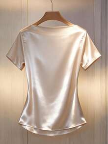 GlowEve Women's Elegant Satin Lapel Waist Pleated Straight Sleeve Blouse, Spring/Summer - Apricot - View 2