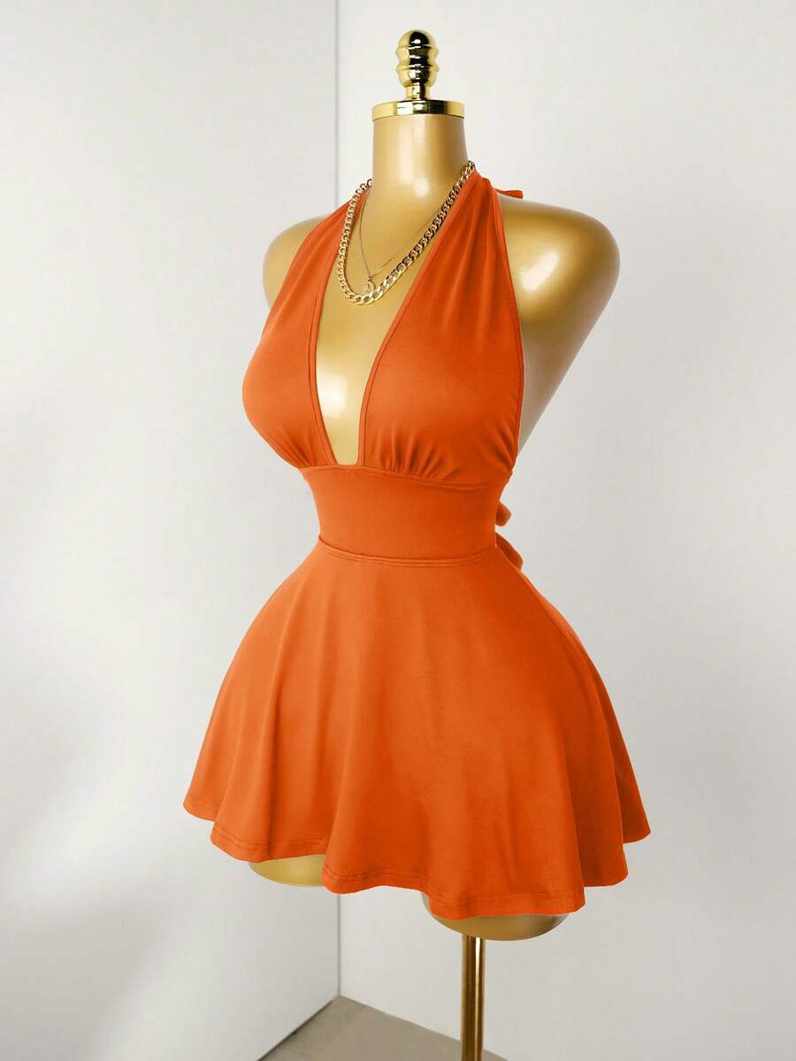 Mistrie Black Tight-Fitting Romper With Deep V-Neck, Backless Strap - Burnt Orange - View 1
