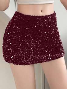 DAZY Women's Solid Color Low Waist Super Short Mini Skirt, All Season - Burgundy - View 5