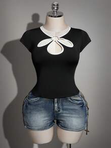 SHEIN ICON Áo dệt kim cỡ lớn kiểu Trung Quốc thời kỳ Y2K, áo kiểu Trung Quốc cổ giọt nước khoét rỗng phối màu tương phản, áo kiểu cổ hoa khoét rỗng phối màu tương phản. - Đen và trắng - Xem 3