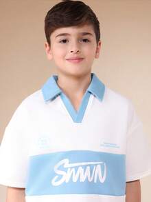 SUMWON Boys Polo Co-Ord Set With Light Blue Contrast Color Block Design Short Sleeve Summer Casual Matching Outfit - Apricot - View 5