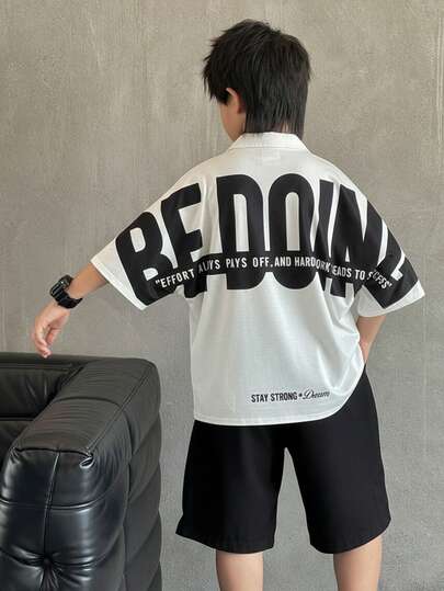 Tween Boy Casual Korean Style Loose Fit Street Fashion Big Letter Pattern Polo Collar Short Sleeve Shirt, Suitable For Commuting, School, Daily Casual Wear, Sports, Spring/Summer