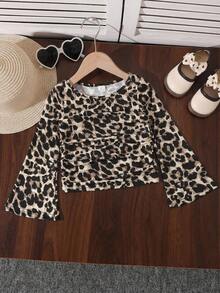 SHEIN Young Girls' Fashionable Fitted Casual Round Neck Ruffle Flare Sleeve Long Sleeve T-Shirt, Suitable For School, Christmas, Halloween, Daily Wear, New Year Party, Autumn/Winter, Matching Sister Outfit - Multicolor - View 6