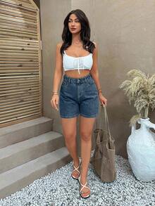 EURMUSE WOMEN HIGH WAIST MINI SHORT GRAY WASH - Dusty Blue - View 3