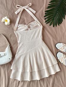 SHEIN 少女露背杏色迷你连衣裙，系带/荷叶边下摆，双层设计/适合派对/约会/情人节/度假/海滩度假装扮 - 杏色 - 查看 2