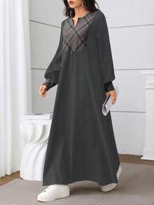 Al Najma Vestido casual suelto de fiesta con cuello en V y patrón de rombos para mujer - Gris - Ver 5