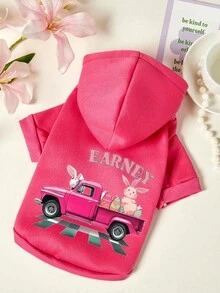 PETSIN 1pc Pink Pickup Truck Pulling Easter Eggs, Rabbit Letter Printed Pet Hoodie With Hat, Rose Red Autumn And Winter Thick Warm Pet Clothes - Hot Pink - View 1