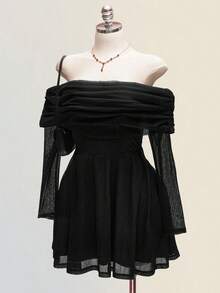 SHEIN ICON Váy trễ vai màu trơn thanh lịch cỡ lớn cho nữ - màu đen - Xem 4