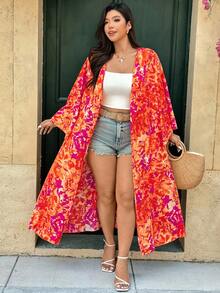 Ceyna Plus Size Boho Multicolor Random Print Long Kimono Sleeve Woven Fabric Belted Long Coat Fall - Multicolor - View 5