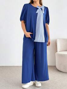 SHEIN Essnce Plus-Size Women's Summer Cute Everyday Blue And White 2pcs Set,Fashionable Casual Loose Bow-Tie Top & Wide-Leg Pants,Vacation Outfits For Mother - Blue - View 4