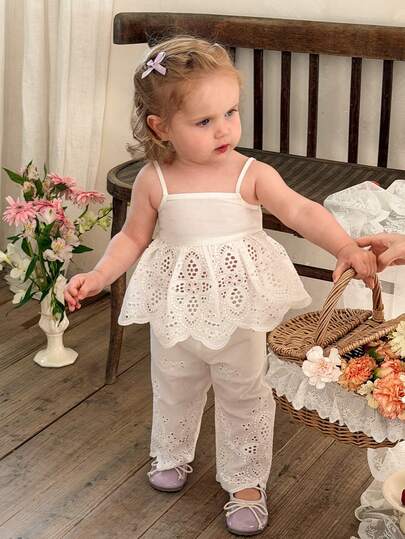 LMoss Kids 2pcs Baby Girl Woven Solid Color Camisole And Long Pants Set