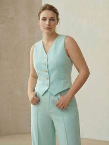 MOTF PREMIUM CHALECO DE MUJER TALLA GRANDE CON CUELLO EN V Y ABOTONADURA SENCILLA PARA PRIMAVERA/VERANO - verde menta - Ver 4