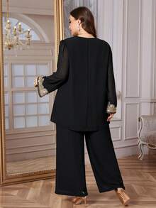 Reflora 大码女装两件套，优雅紫色水钻装饰两件套，适合派对、秋冬季穿着 - 黑色 - 查看 2