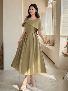 DAZY Women's Elegant Solid Color Pleated Asymmetric Dress, Summer Wedding Guest Dress Sundress - Yellow - View 3