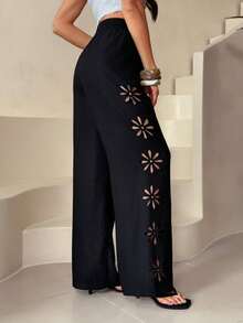 SHEIN Tall 女士度假休闲纯色镂空长裤 冬季黑色 - 黑色 - 查看 3