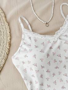 SHEIN Camiseta informal con encaje de contraste y estampado floral para niña preadolescente - Blanco - Ver 4