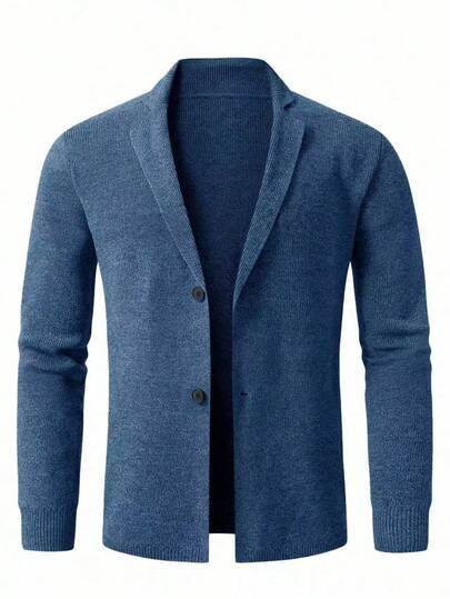 Manfinity Mode Men's Solid Color Lapel Neck Button-Front Long Sleeve Casual Cardigan Uniqlo Blue Cardigan Men Men Knitted Button Up Tuxedo Men Sweater Jacket Blue Outfits For Men Gojo