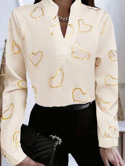 EMERY ROSE Heart Print Cutout Collar Casual Shirt Queen Of Hearts Shirt Cream Blouse Heart Shirt Blouses For Women Elegant Cute Blouses