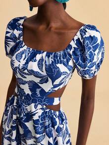 Travachic Women's White And Blue Floral Puff Sleeves Cutout Waist Dress,Boho Autumn Vacation Holiday Outfits,Elegant Party,Luxury Wedding Bridesmaid Ceremony - Multicolor - View 7