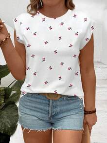 EMERY ROSE New Arrival Plus Size Women Casual Versatile Cherry Print Round Neck Cap Sleeve T-Shirt - Multicolor - View 1