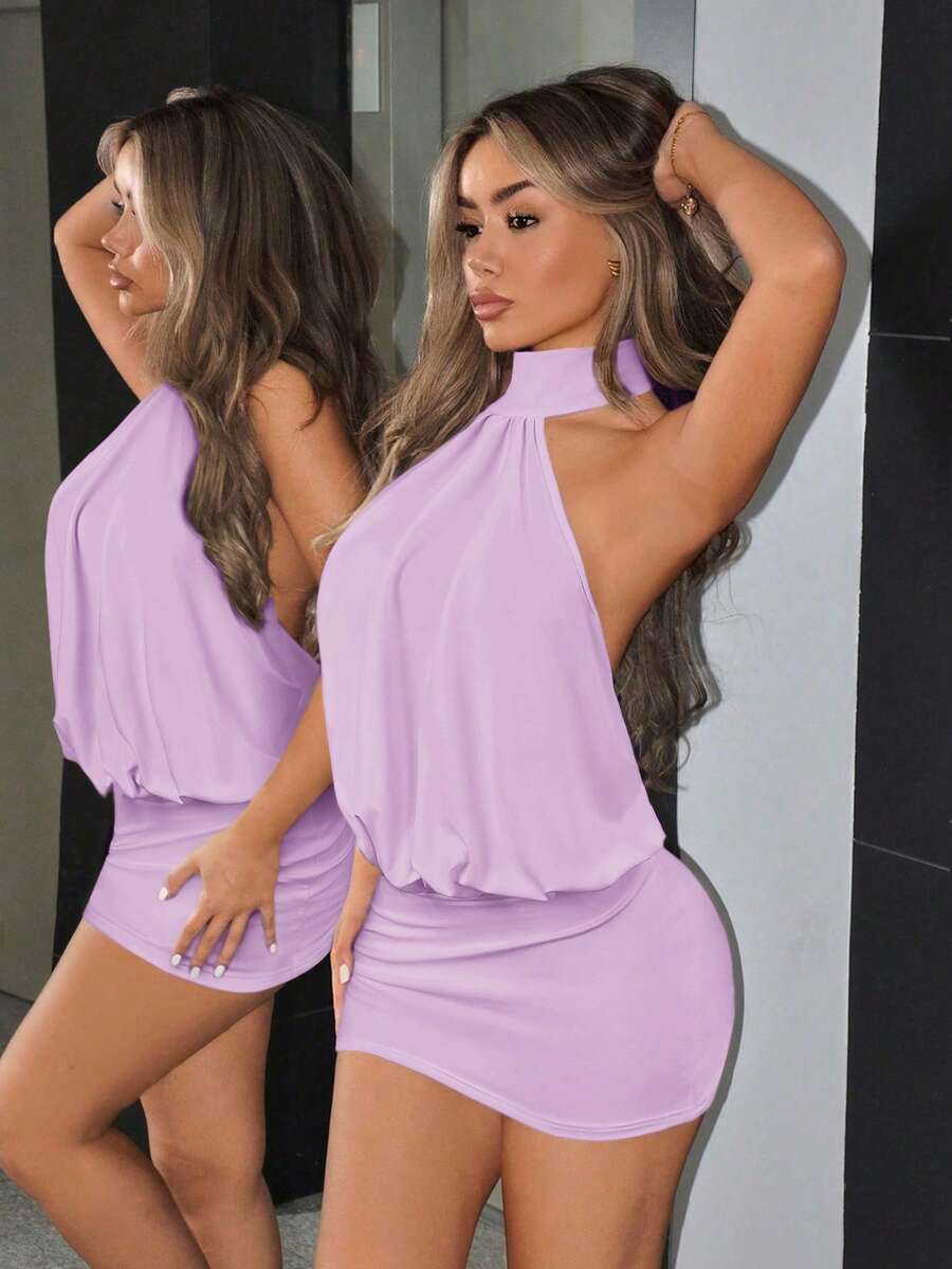 SHEIN ICON Vestido mini ajustado con cuello alto, espalda descubierta y drapeado - Púrpura malva - Ver 1