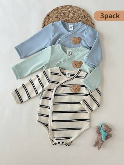 SHEIN 3件套新生男婴长袖按扣连体衣，纯色条纹款，松紧腰带，饰有可爱小熊图案，休闲舒适，适合春夏外出和玩耍。
