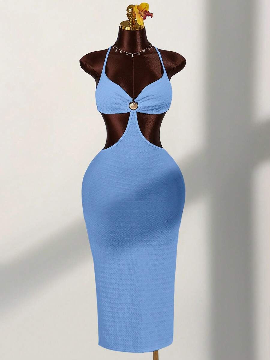 Amplova Shell Metal Decor High Slit Women Dress - Baby Blue - View 1