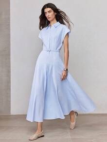ZEYLAH Elegant Long Dress With Shirt Collar, Flutter Sleeves, Fitted Waist, A-Line Silhouette, Spring/Summer - Baby Blue - View 1