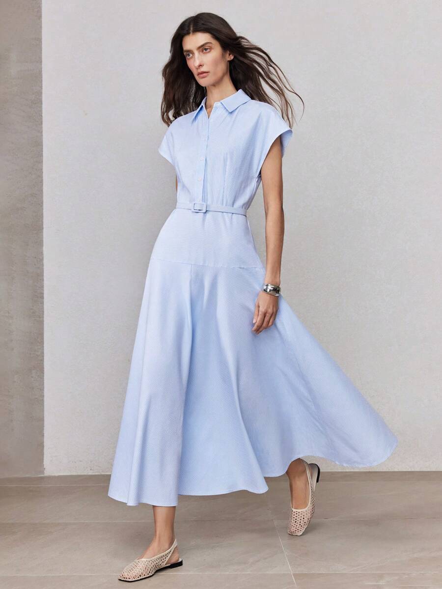 ZEYLAH Elegant Long Dress With Shirt Collar, Flutter Sleeves, Fitted Waist, A-Line Silhouette, Spring/Summer - Baby Blue - View 1