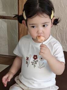 DAZY 女婴花卉刺绣圆领休闲短袖上衣夏季幼儿女童服装 - 白色 - 查看 5