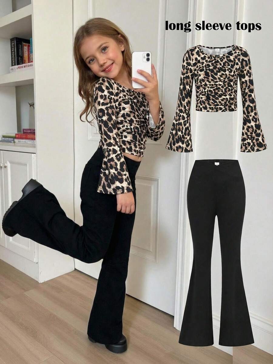 SHEIN Young Girls' Fashionable Fitted Casual Round Neck Ruffle Flare Sleeve Long Sleeve T-Shirt, Suitable For School, Christmas, Halloween, Daily Wear, New Year Party, Autumn/Winter, Matching Sister Outfit - Multicolor - View 1